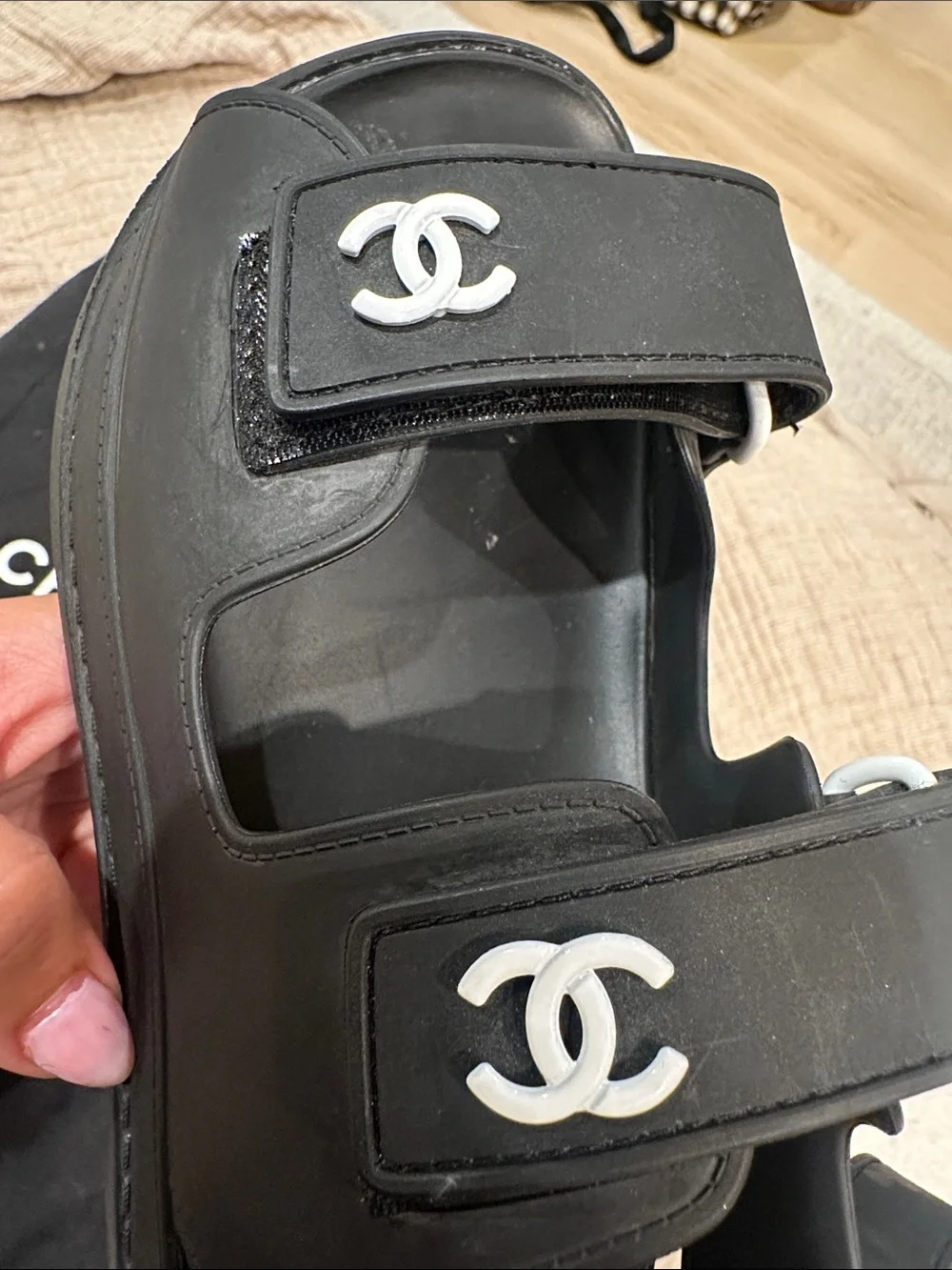 CHANEL Dad- Black Rubber Double-Strap Sandals